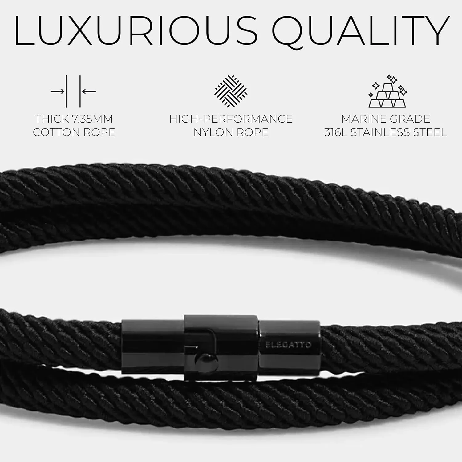 Elegatto Alchor Loop Premium Rope Bracelet for Men | Nylon Marine Cord with Black Stainless Steel Clasp | Waterproof and Fade-Resistant | Mens Designer Bracelets