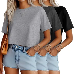 Ficerd 3 Pack Women Crop Tops Half Sleeve Cropped T Shirts Casual Crew Neck Drop Shoulder Loose Summer Solid Color