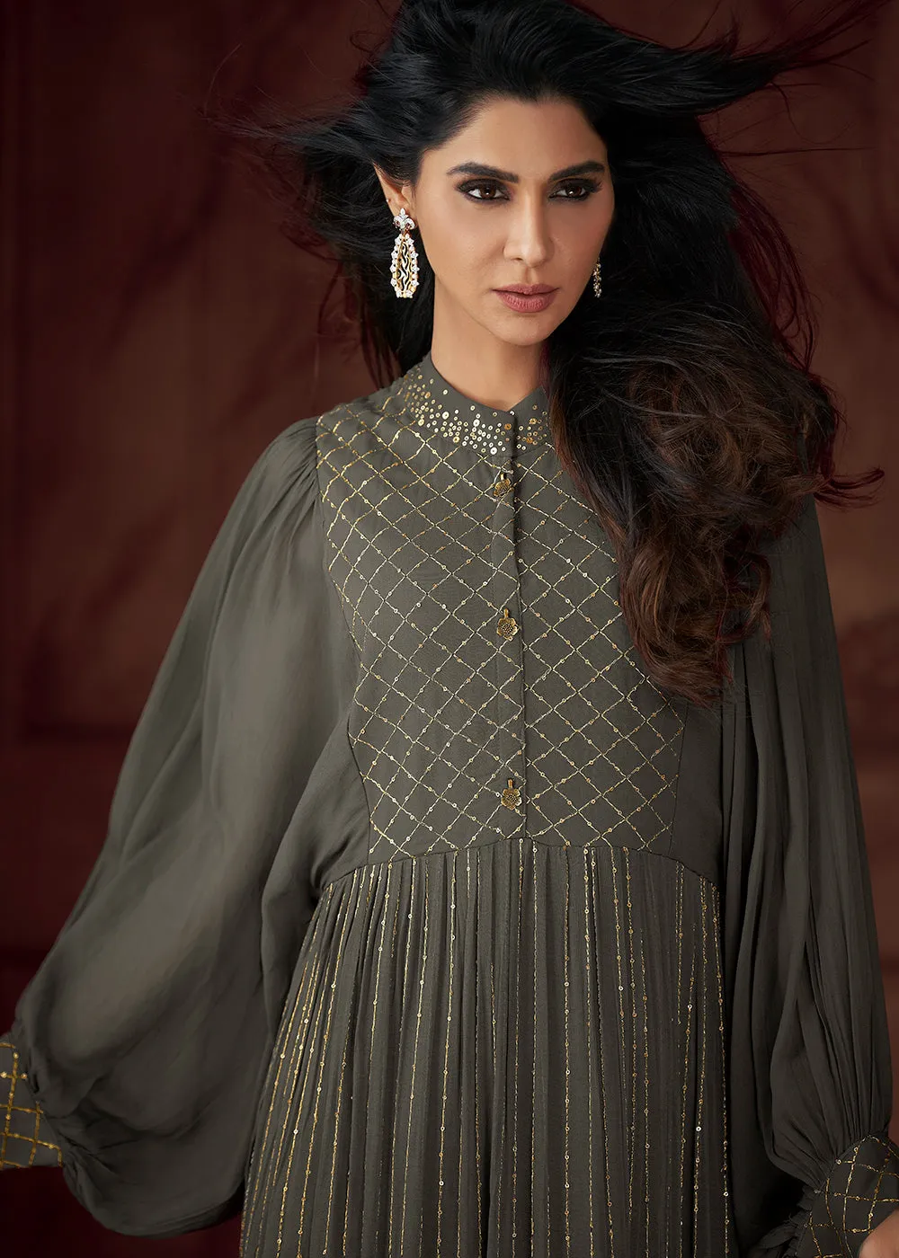 Grey Heavy Georgette Embroidered Wedding Party Anarkali Gown