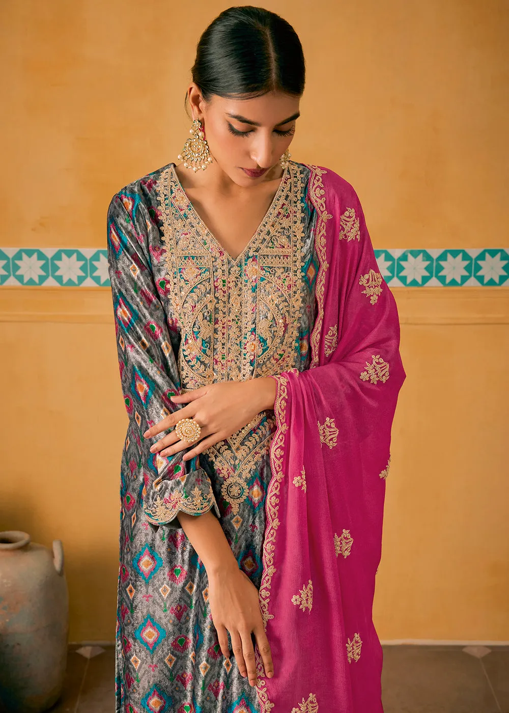Grey Multicolor Digital Printed Embroidered Velvet Salwar Suit