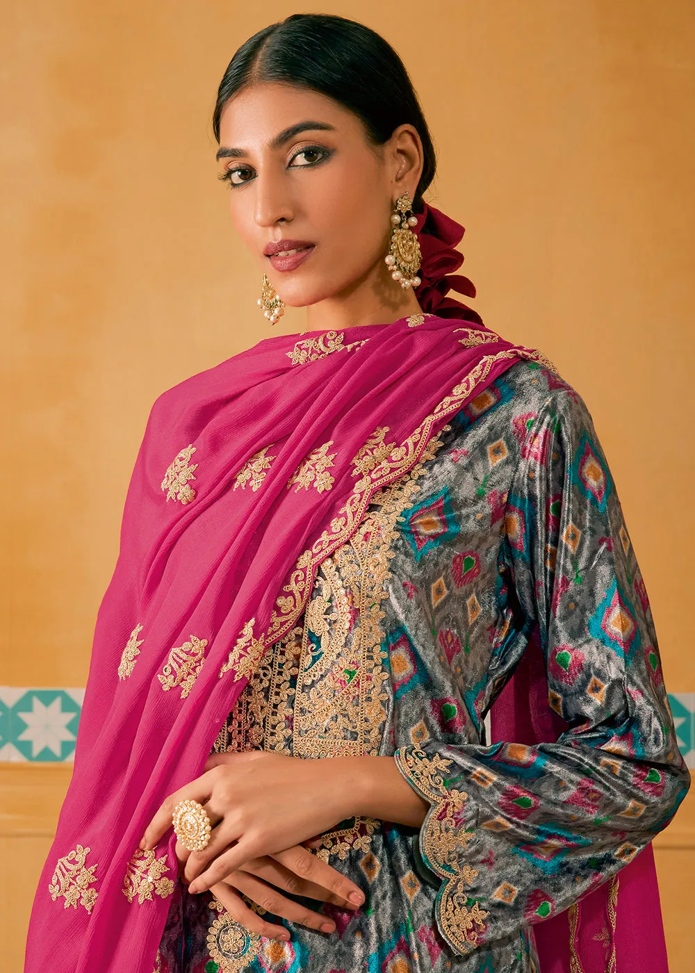 Grey Multicolor Digital Printed Embroidered Velvet Salwar Suit