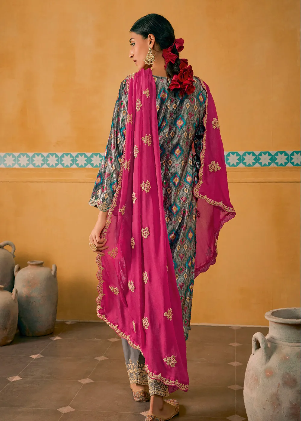 Grey Multicolor Digital Printed Embroidered Velvet Salwar Suit