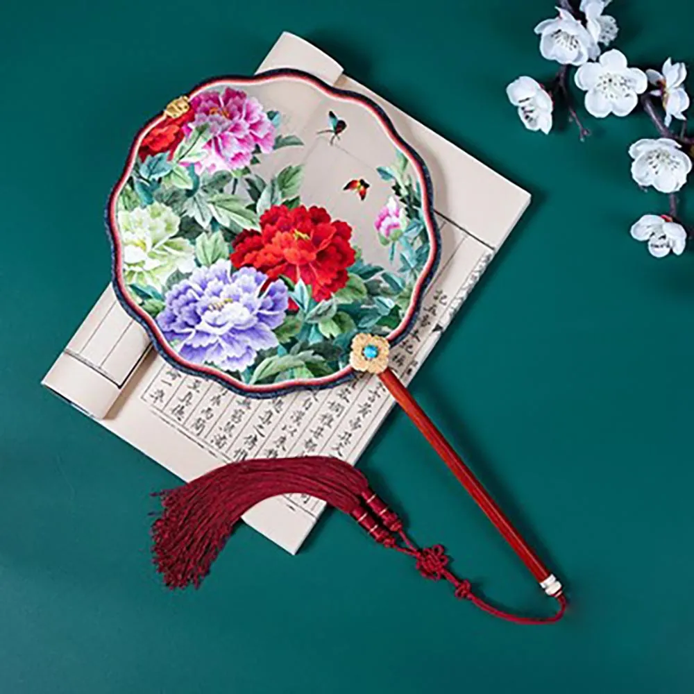 Handmade Double Side Embroidered Suzhou Embroidery Blooming Peony Flower Chinese Handheld Decorative Fan Chinese Art