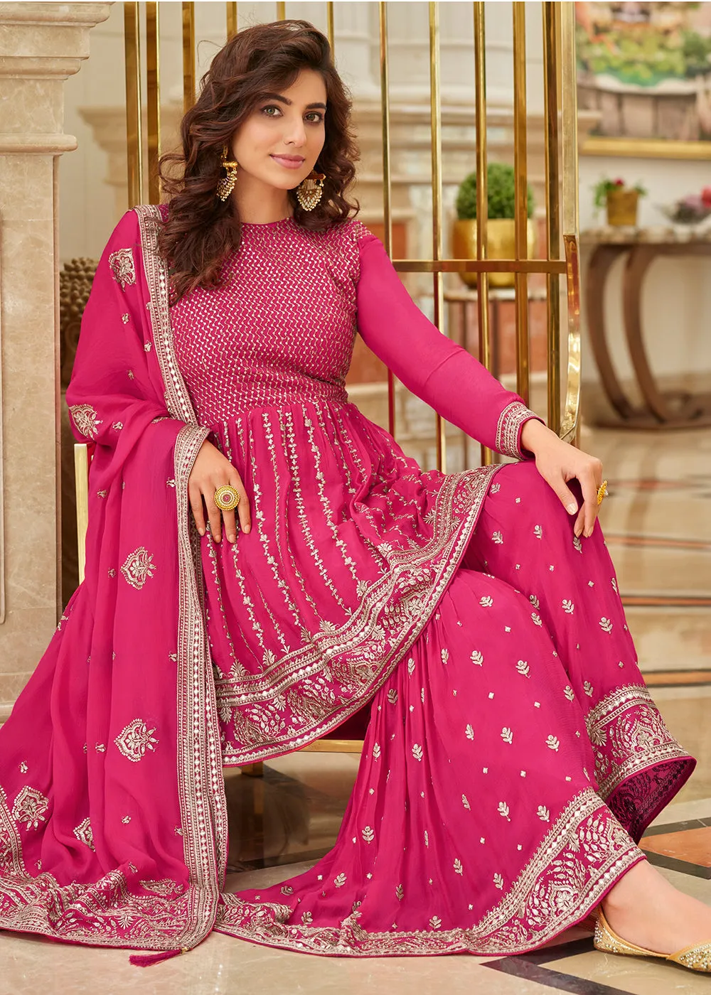 Heavy Chinon Rani Pink Sequins Festive Gharara Suit