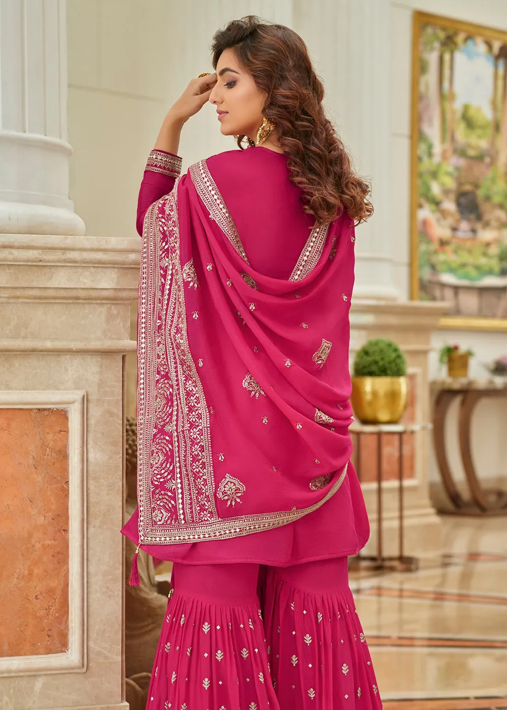 Heavy Chinon Rani Pink Sequins Festive Gharara Suit