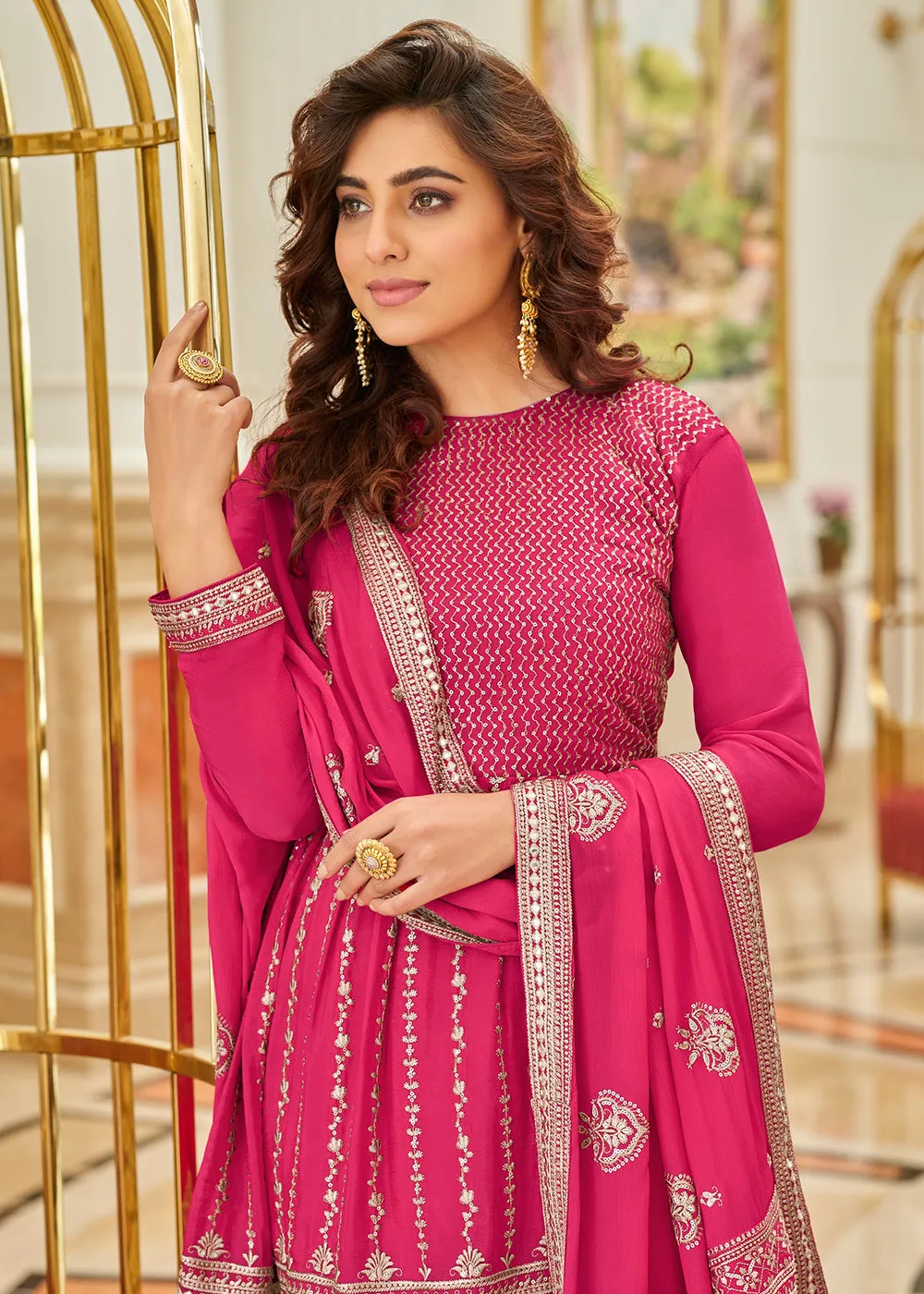 Heavy Chinon Rani Pink Sequins Festive Gharara Suit