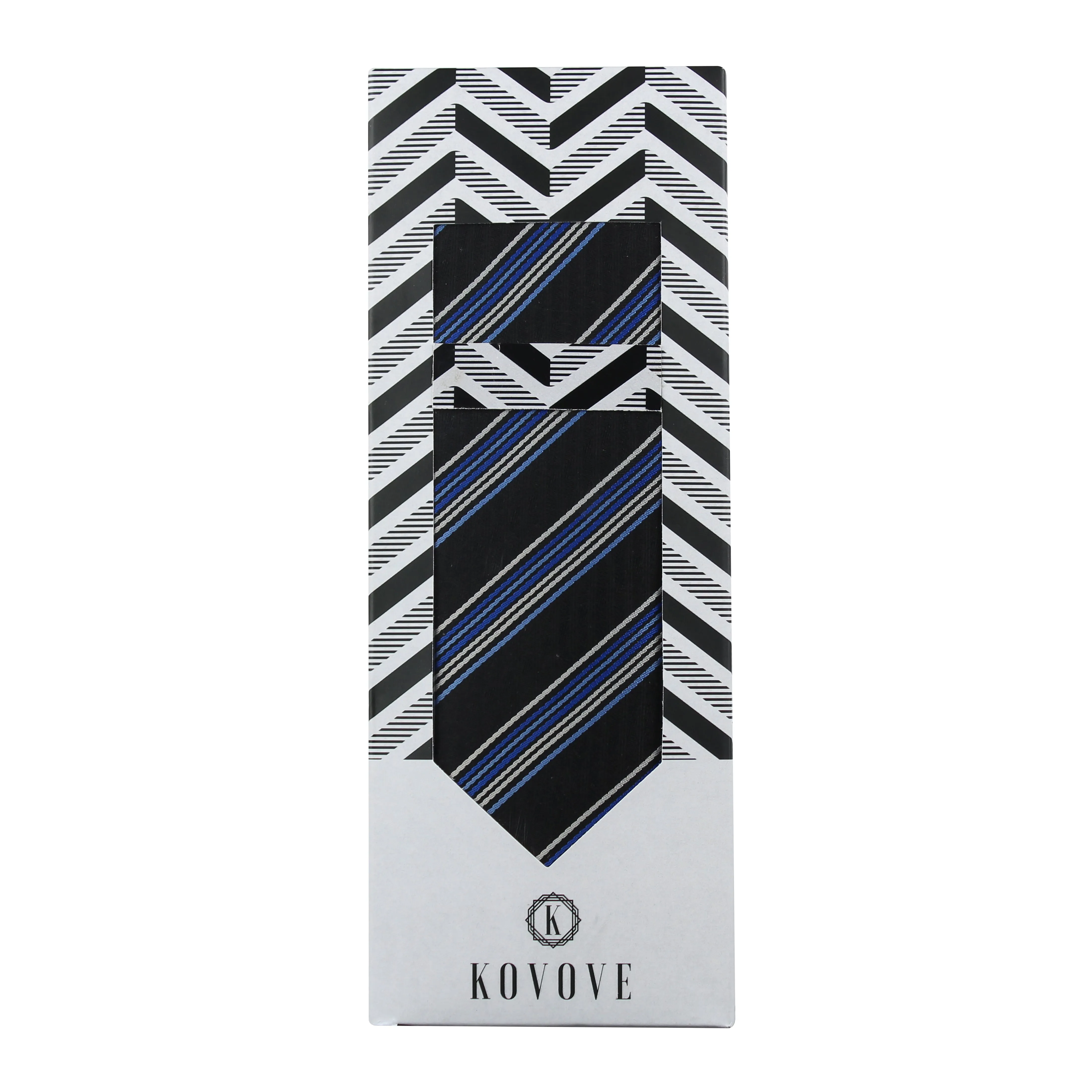 Kovove Pleasing Black Striped Necktie and Pocket Square Gift Box