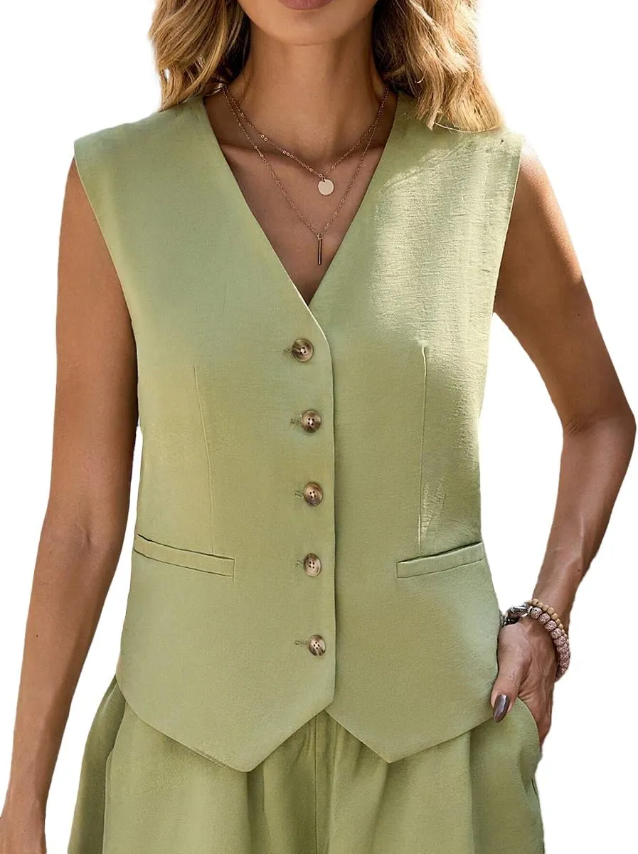 Linen Vest Tops for Women Summer Lihtweight Breathable V-Neck Button Fashion Casual Work Beach Vacation Outerwear