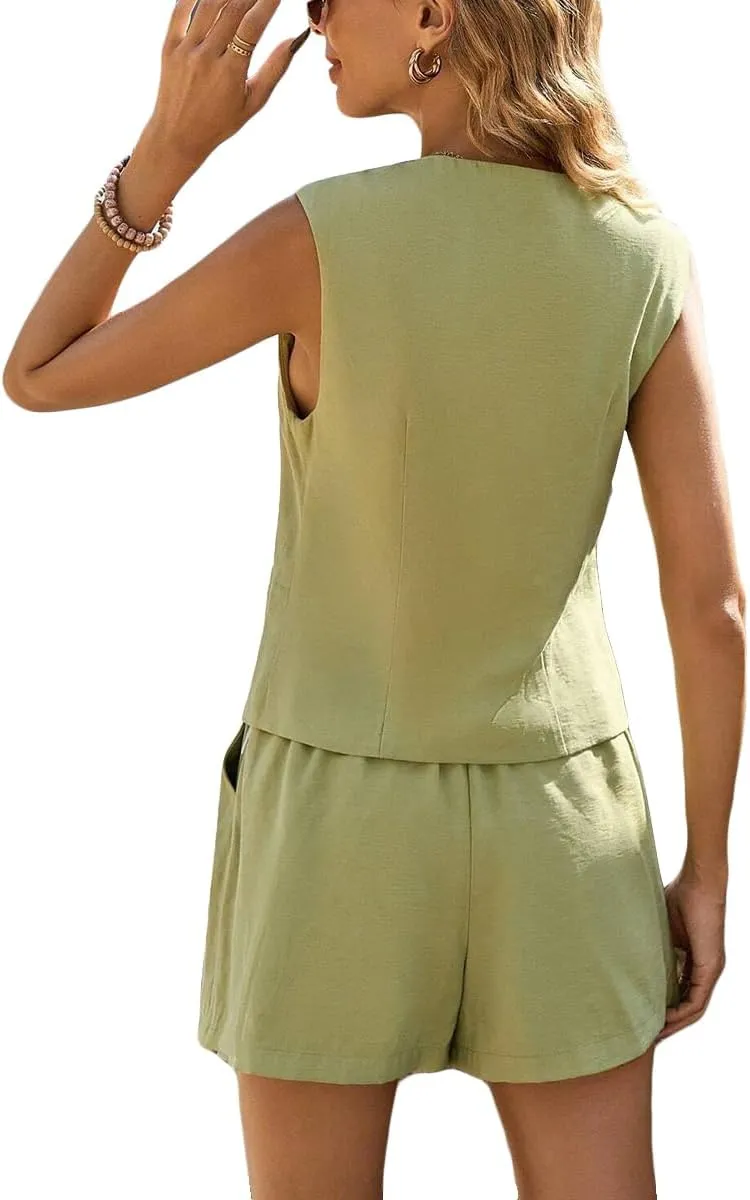 Linen Vest Tops for Women Summer Lihtweight Breathable V-Neck Button Fashion Casual Work Beach Vacation Outerwear