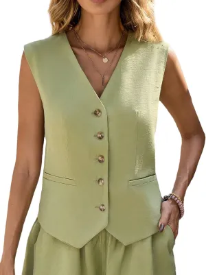 Linen Vest Tops for Women Summer Lihtweight Breathable V-Neck Button Fashion Casual Work Beach Vacation Outerwear