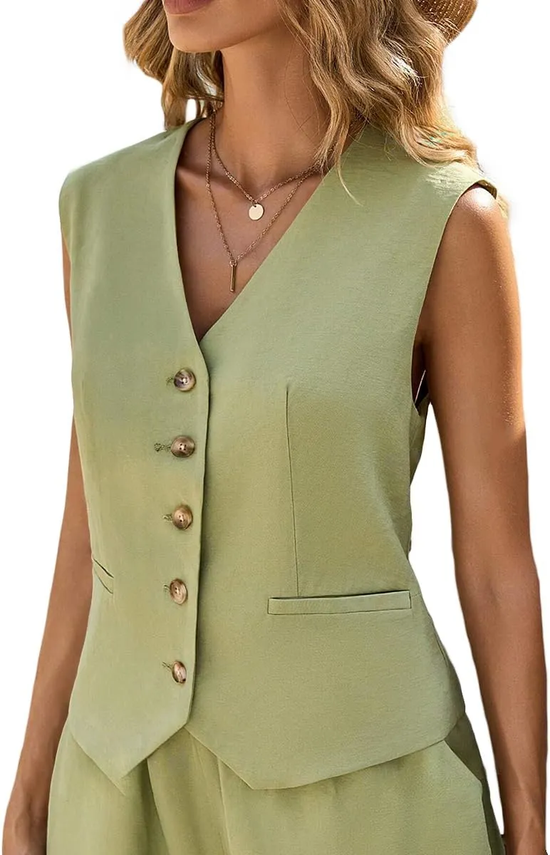 Linen Vest Tops for Women Summer Lihtweight Breathable V-Neck Button Fashion Casual Work Beach Vacation Outerwear