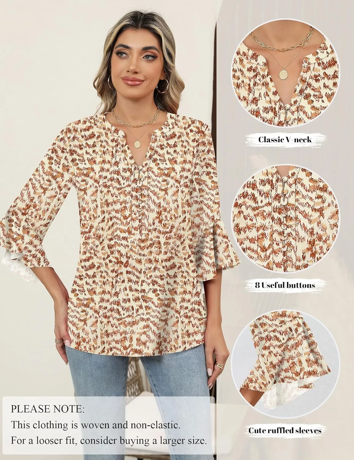 LOMON V-Neck 8-Button Dressy Blouses Polyester Woven Flowy Shirts Ruffle 3/4 Sleeve Tops Work Business Casual Tops S-XXL