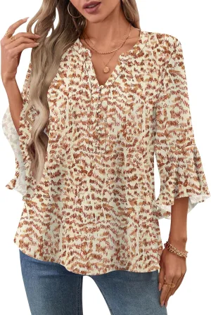 LOMON V-Neck 8-Button Dressy Blouses Polyester Woven Flowy Shirts Ruffle 3/4 Sleeve Tops Work Business Casual Tops S-XXL