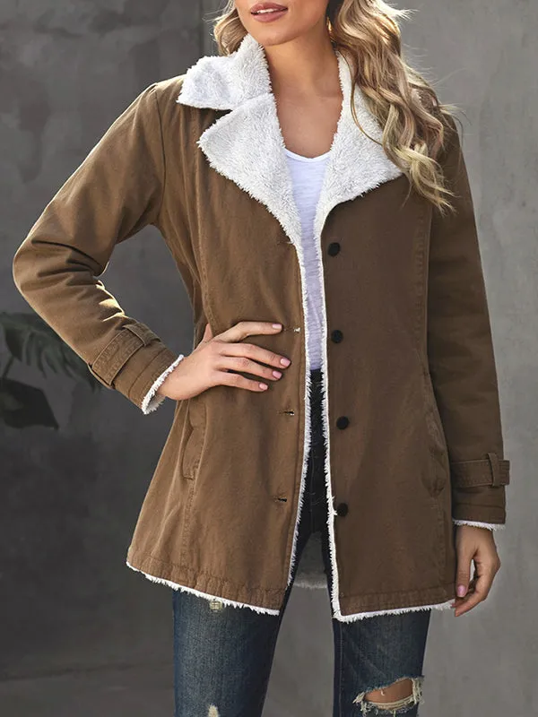 Long Sleeves Loose Buttoned Pockets Velvet Notched Collar Outerwear