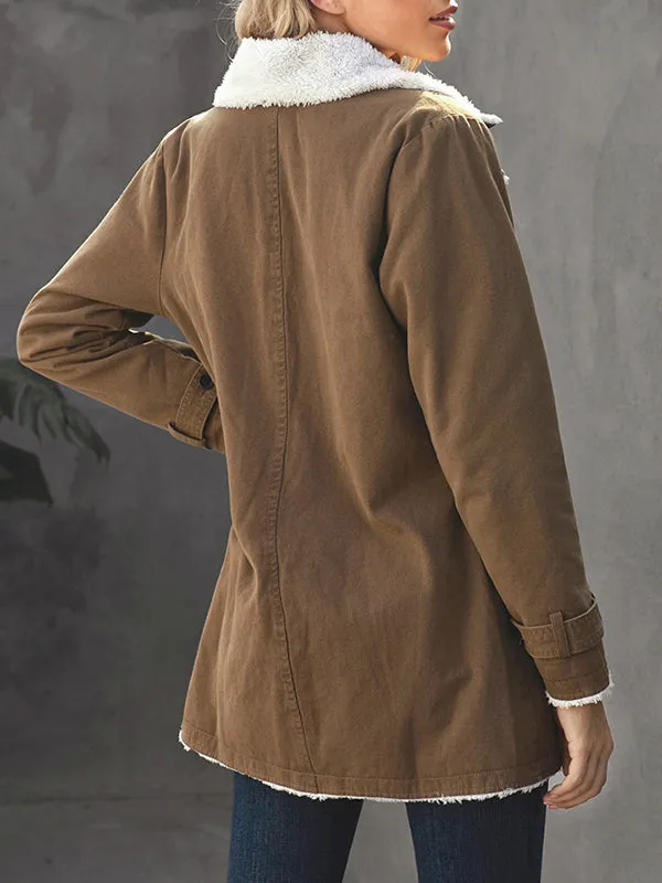 Long Sleeves Loose Buttoned Pockets Velvet Notched Collar Outerwear