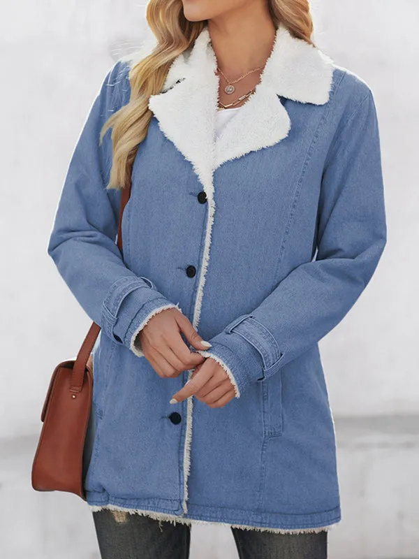 Long Sleeves Loose Buttoned Pockets Velvet Notched Collar Outerwear
