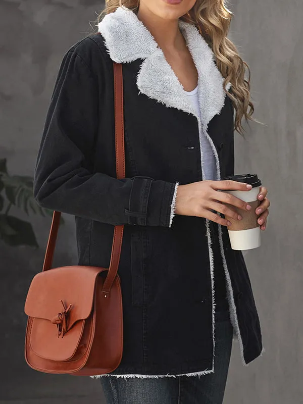 Long Sleeves Loose Buttoned Pockets Velvet Notched Collar Outerwear