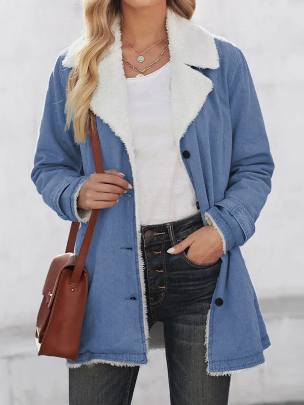 Long Sleeves Loose Buttoned Pockets Velvet Notched Collar Outerwear