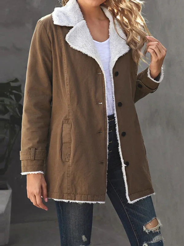 Long Sleeves Loose Buttoned Pockets Velvet Notched Collar Outerwear