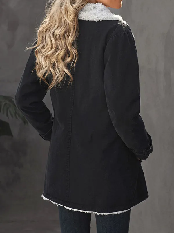 Long Sleeves Loose Buttoned Pockets Velvet Notched Collar Outerwear