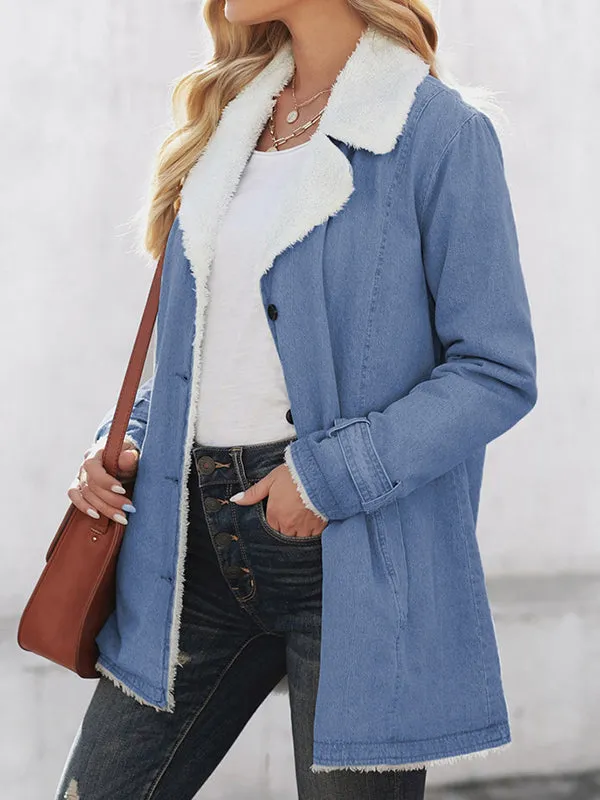 Long Sleeves Loose Buttoned Pockets Velvet Notched Collar Outerwear