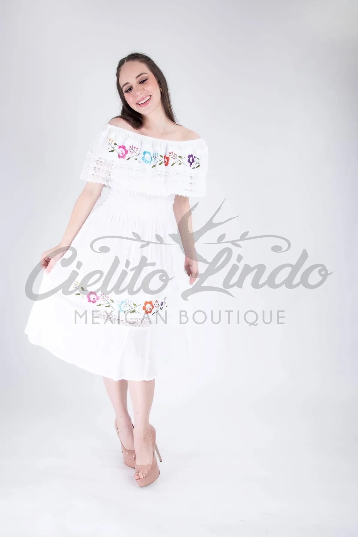 Mexican Campesina Midi Dress White