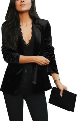MINTLIMIT Women Long Sleeve Velvet Blazer Casual V Neck Button Down Jacket Coat with Pockets Outerwear (Black,S)