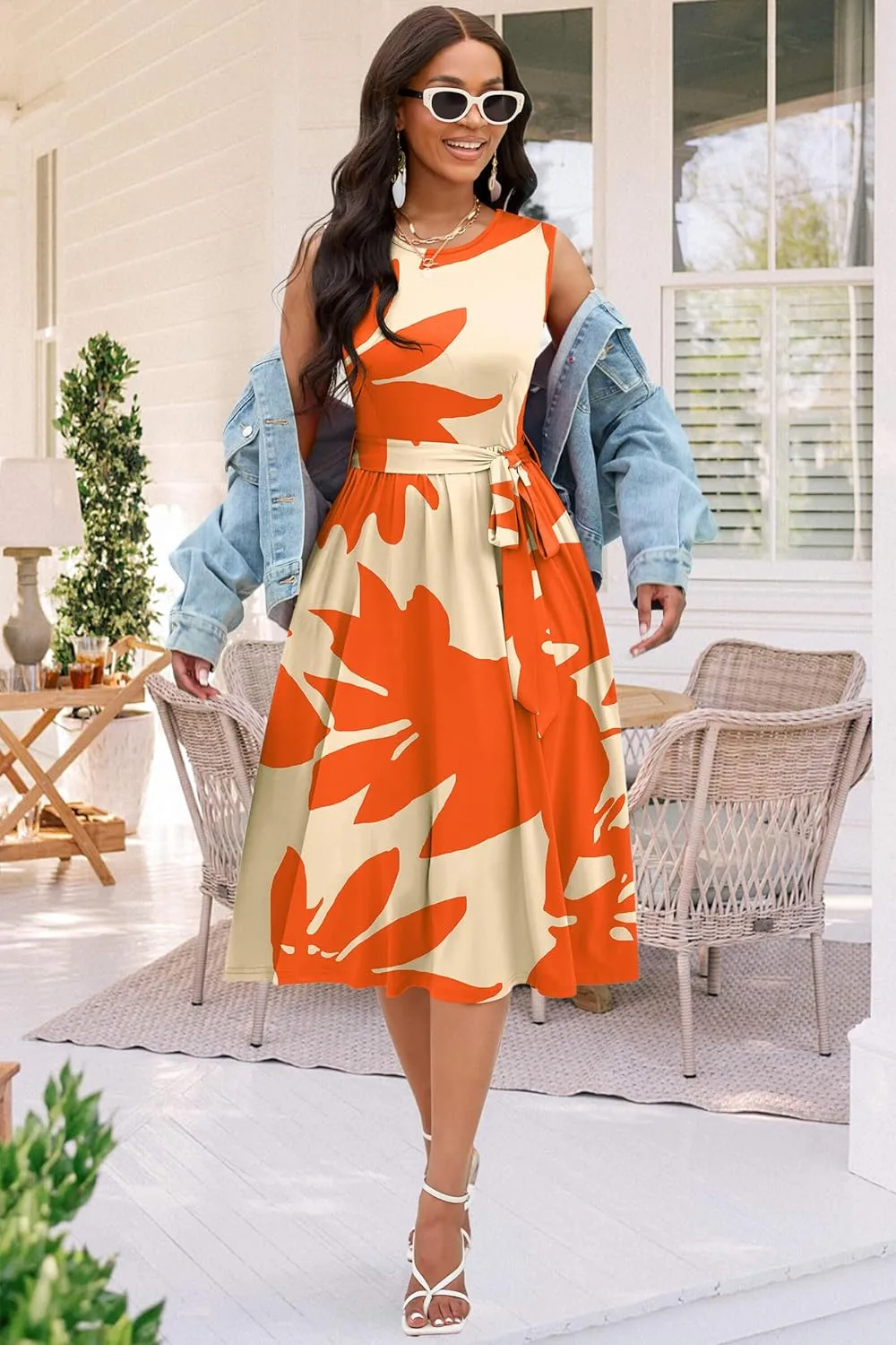 Nmoder Women Summer Dresses Sleeveless Swing Vacation Sundress A-Line Floral Crewneck Casual Midi Dress with Pockets