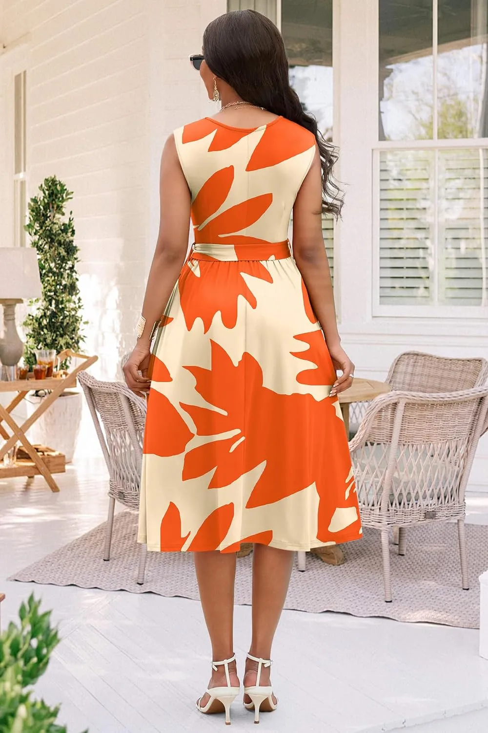 Nmoder Women Summer Dresses Sleeveless Swing Vacation Sundress A-Line Floral Crewneck Casual Midi Dress with Pockets