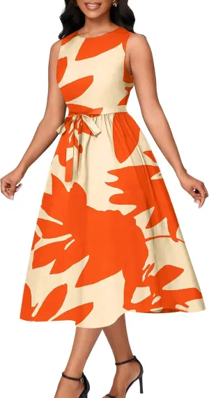 Nmoder Women Summer Dresses Sleeveless Swing Vacation Sundress A-Line Floral Crewneck Casual Midi Dress with Pockets