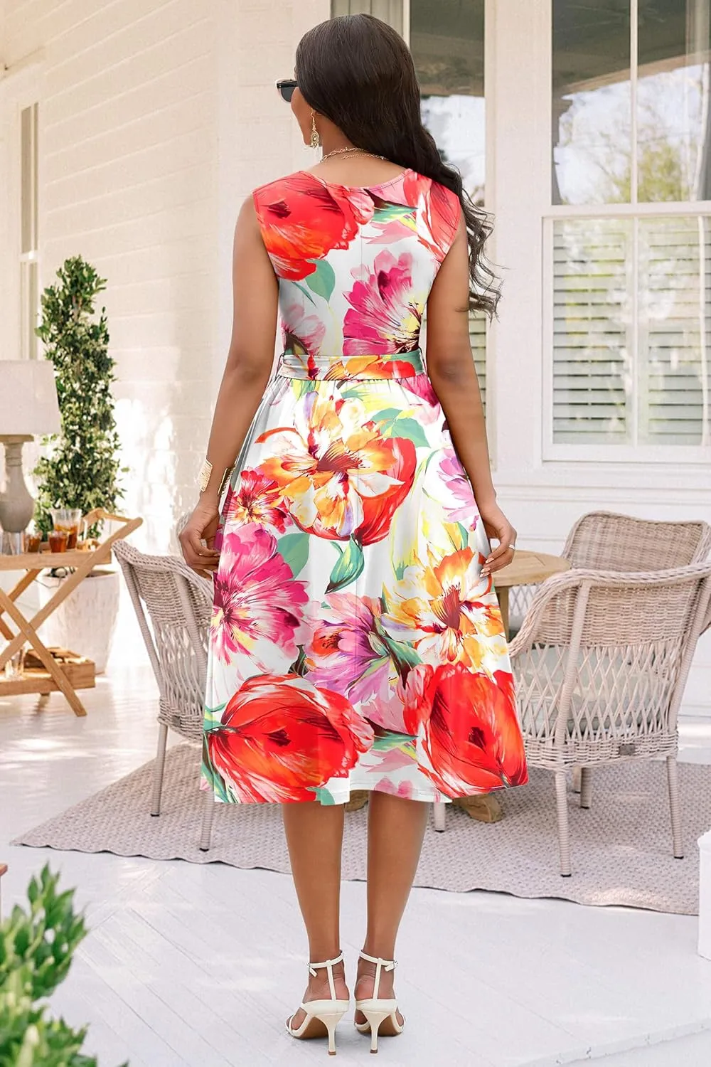 Nmoder Women Summer Dresses Sleeveless Swing Vacation Sundress A-Line Floral Crewneck Casual Midi Dress with Pockets