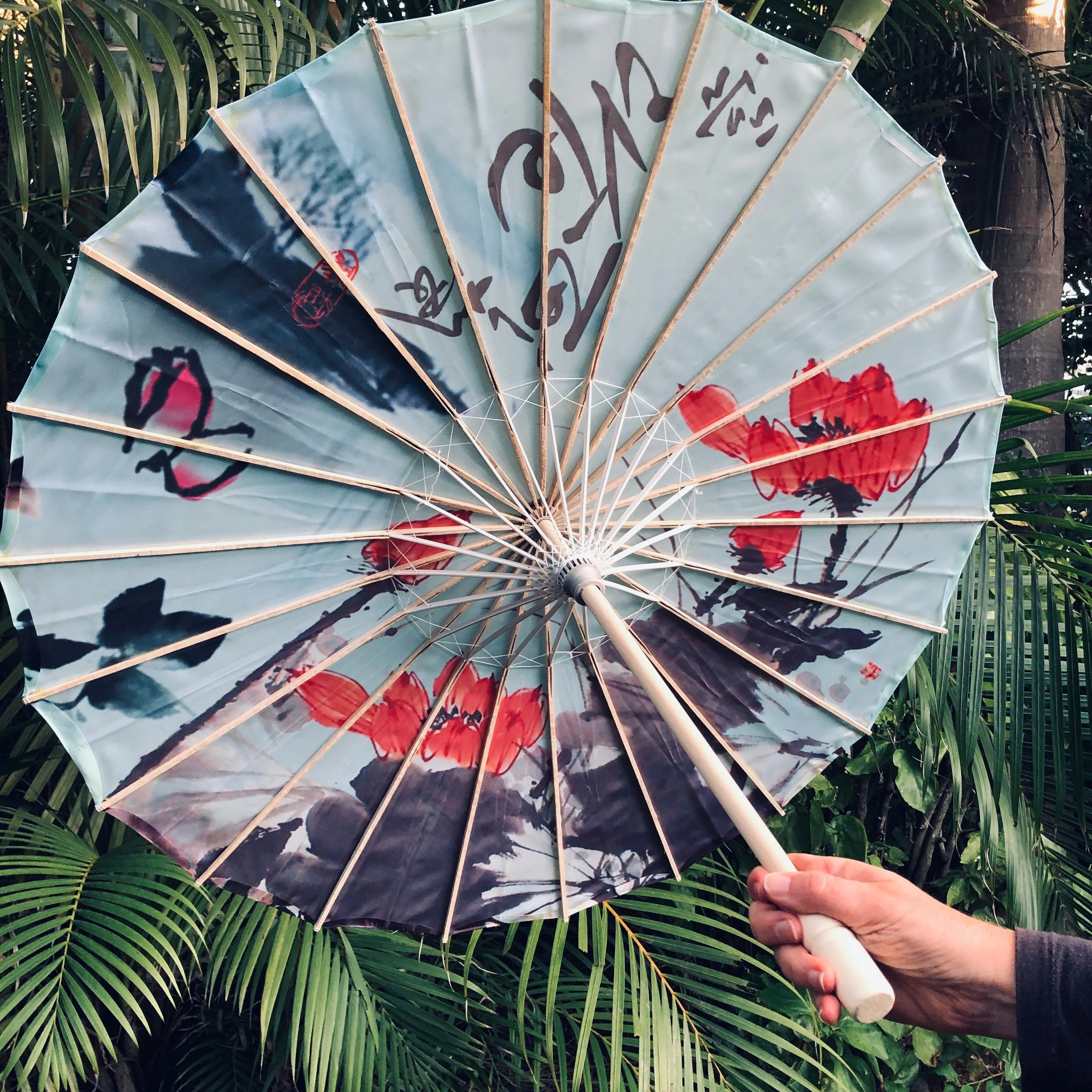 Nylon Parasol - Red lotus flowers in blue water
