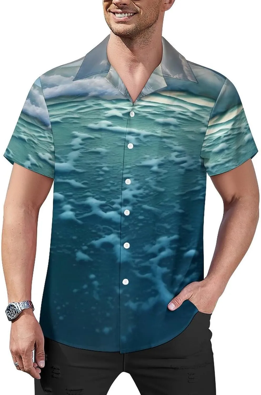 Ocean Print Cuban Collar Shirt Classic Design for Comfort and Style