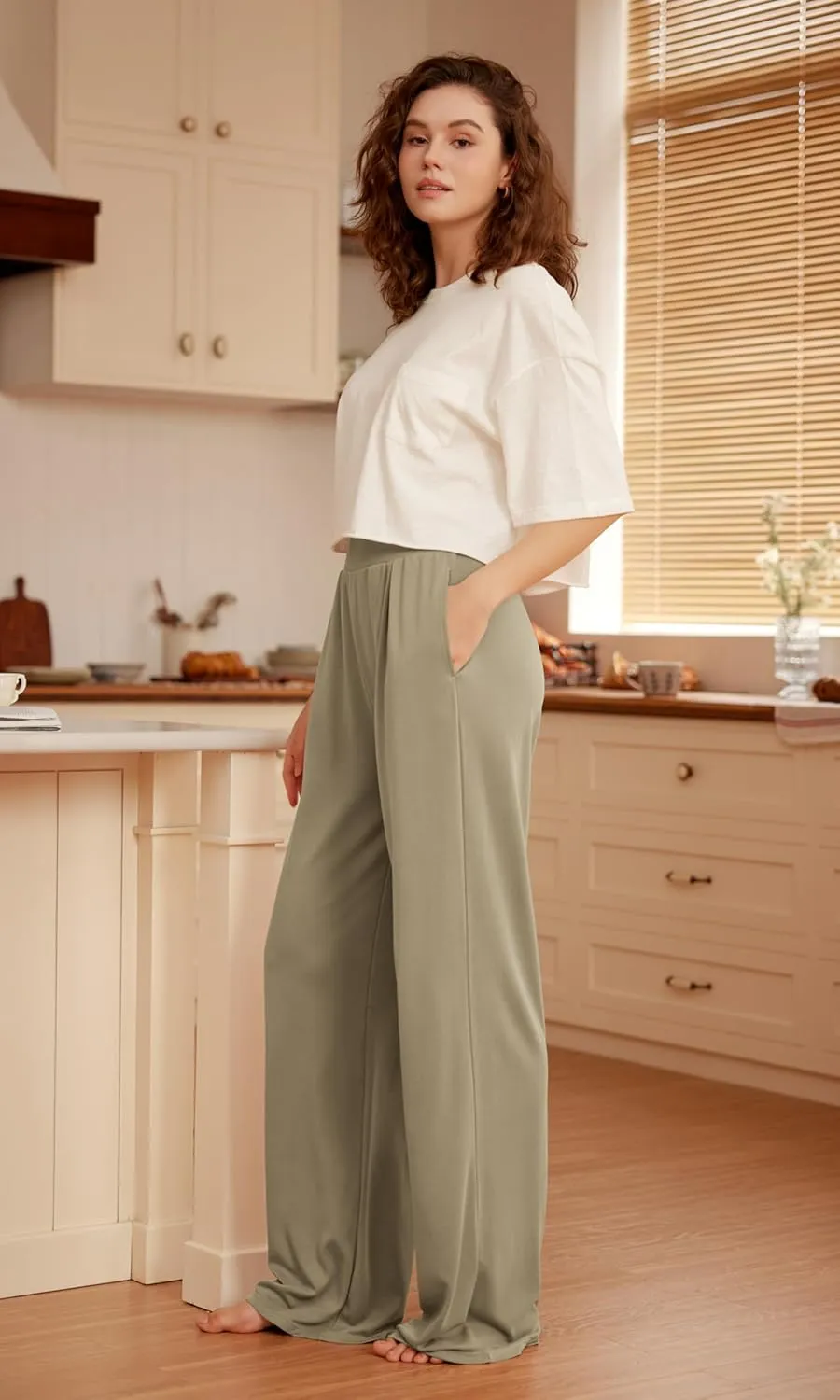 ODODOS Drapey Soft Wide Leg Pants for Women High Waist Casual Relaxed Lounge Pants with Pockets-29 Inseam