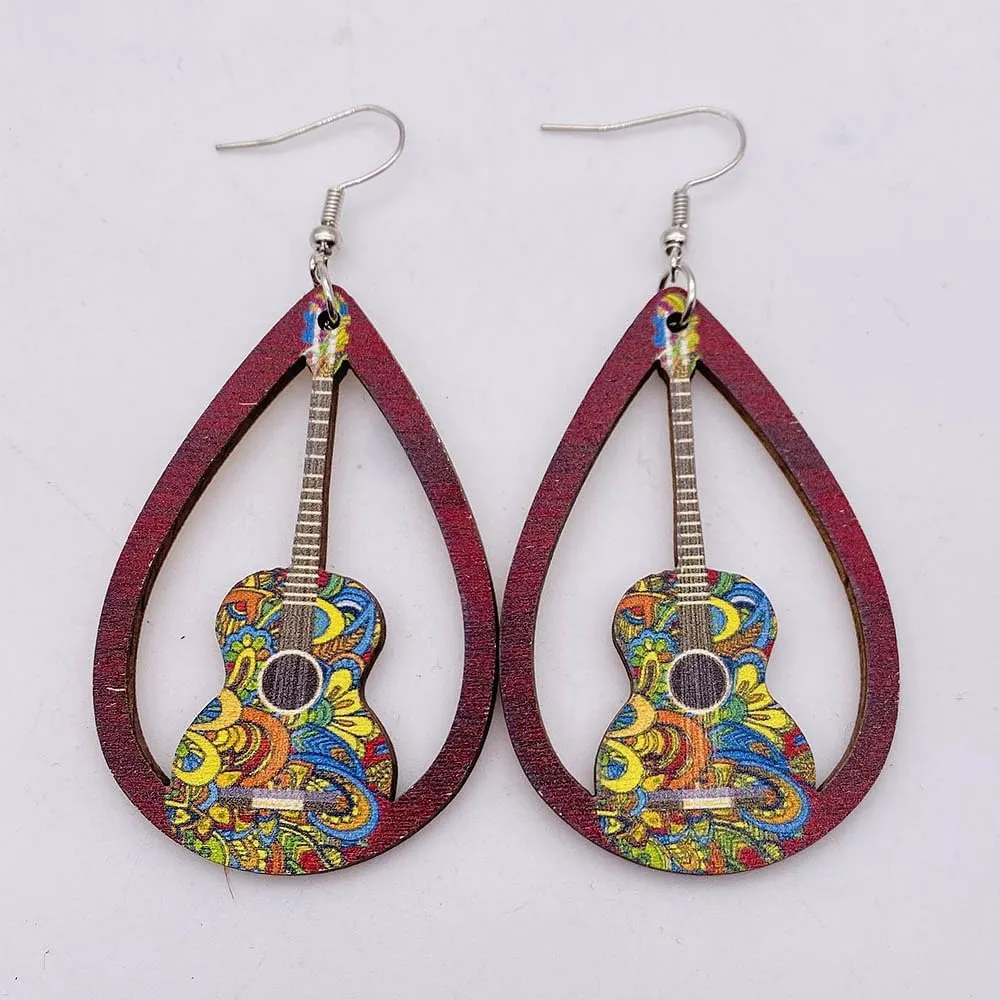 Personal Guitar Dangle Earrings Musical Instrument Wood Earrings for Women Music Lovers Teacher Jewelry