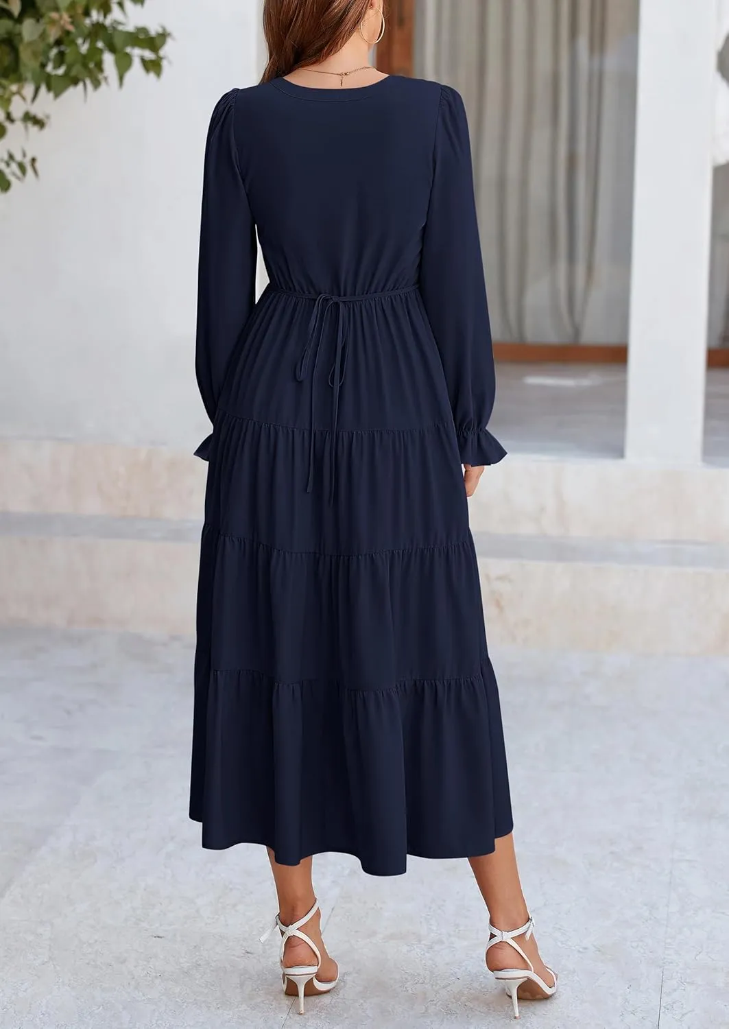 PRETTYGARDEN Women's Fall Maxi Dress Long Sleeve V Neck Tiered A Line Ruffle Elegant Flowy Spring Cocktail Party Dresses