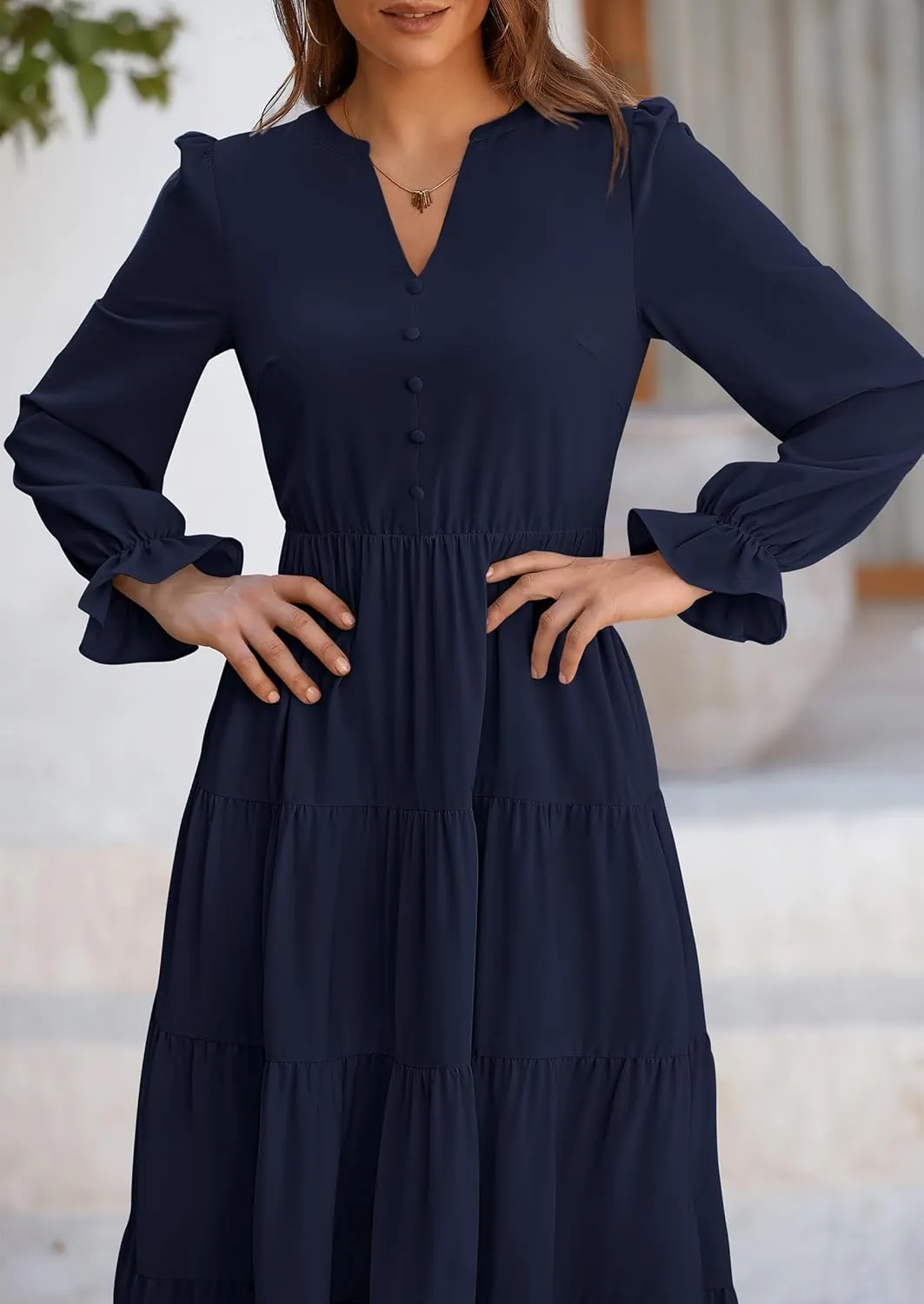 PRETTYGARDEN Women's Fall Maxi Dress Long Sleeve V Neck Tiered A Line Ruffle Elegant Flowy Spring Cocktail Party Dresses