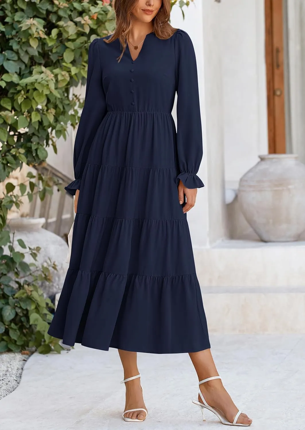 PRETTYGARDEN Women's Fall Maxi Dress Long Sleeve V Neck Tiered A Line Ruffle Elegant Flowy Spring Cocktail Party Dresses