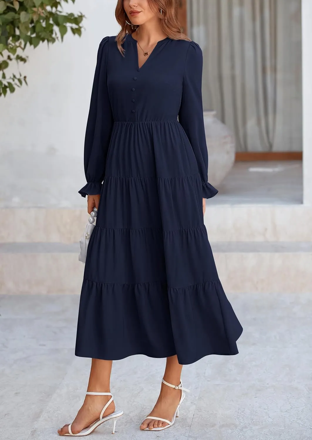 PRETTYGARDEN Women's Fall Maxi Dress Long Sleeve V Neck Tiered A Line Ruffle Elegant Flowy Spring Cocktail Party Dresses