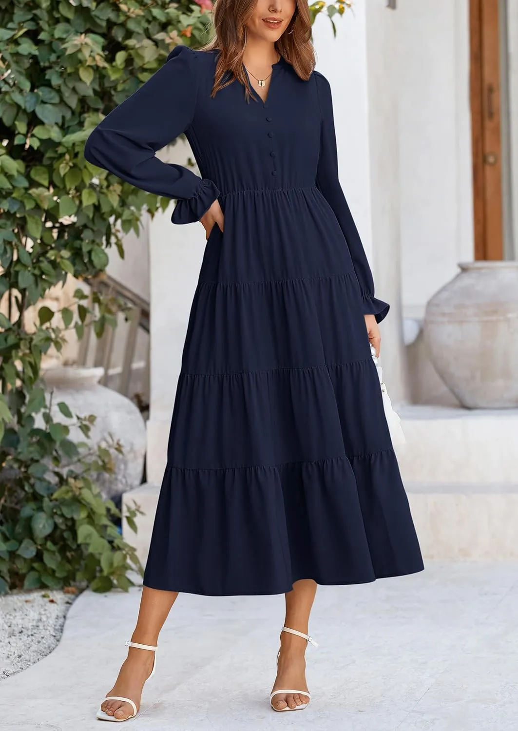 PRETTYGARDEN Women's Fall Maxi Dress Long Sleeve V Neck Tiered A Line Ruffle Elegant Flowy Spring Cocktail Party Dresses