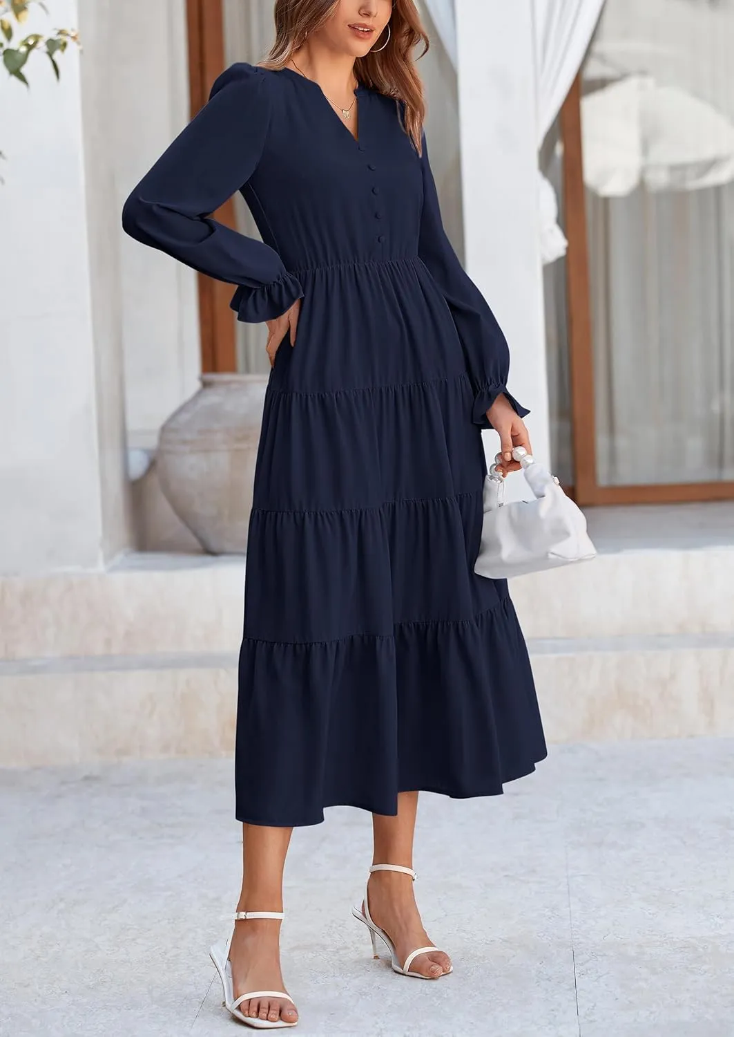PRETTYGARDEN Women's Fall Maxi Dress Long Sleeve V Neck Tiered A Line Ruffle Elegant Flowy Spring Cocktail Party Dresses