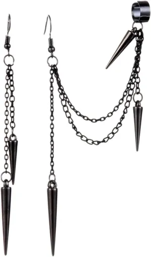 QUPENGXU Unique Black Chain Ear Cuff Long Tassel Gothic Cool Punk Hoop Piercing Rock Dangle Drop Earrings for Men Women