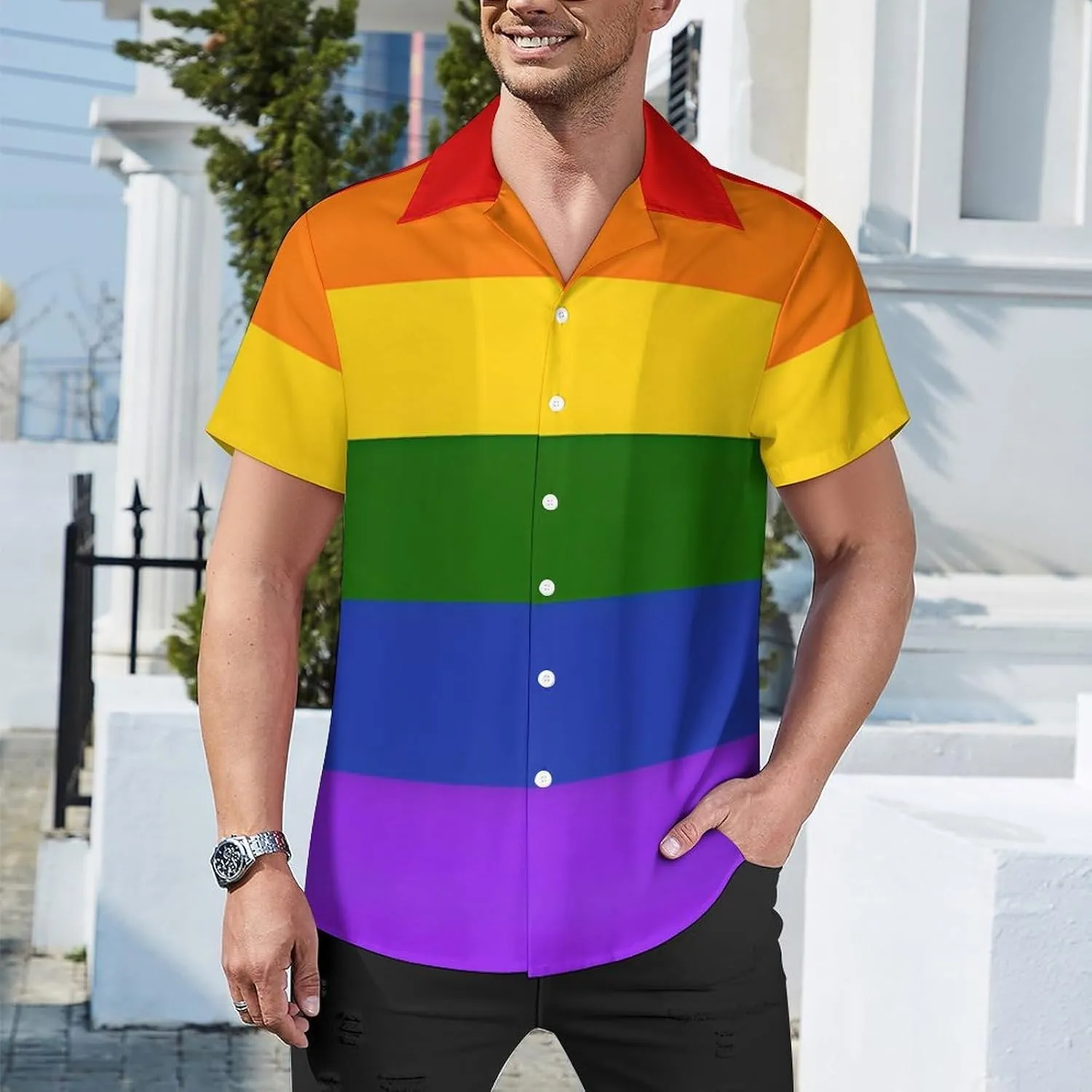 Rainbow Flag Print Cuban Collar Shirt Classic Design for Comfort and Style