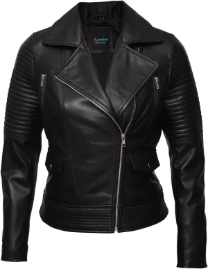 Real Lambskin Trendy Womens Leather Jackets Moto Biker Style Zip Up Motorcycle Jacket Women Outerwear With Pockets