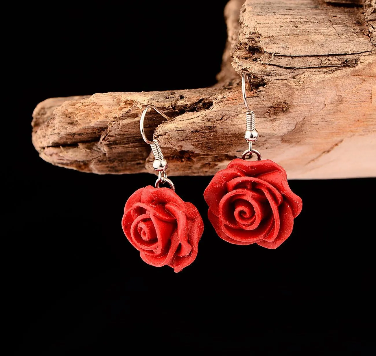 Red Rose Flower Earrings Ring Vintage Enamel Painting Dangle Earrings for Women Jewelry