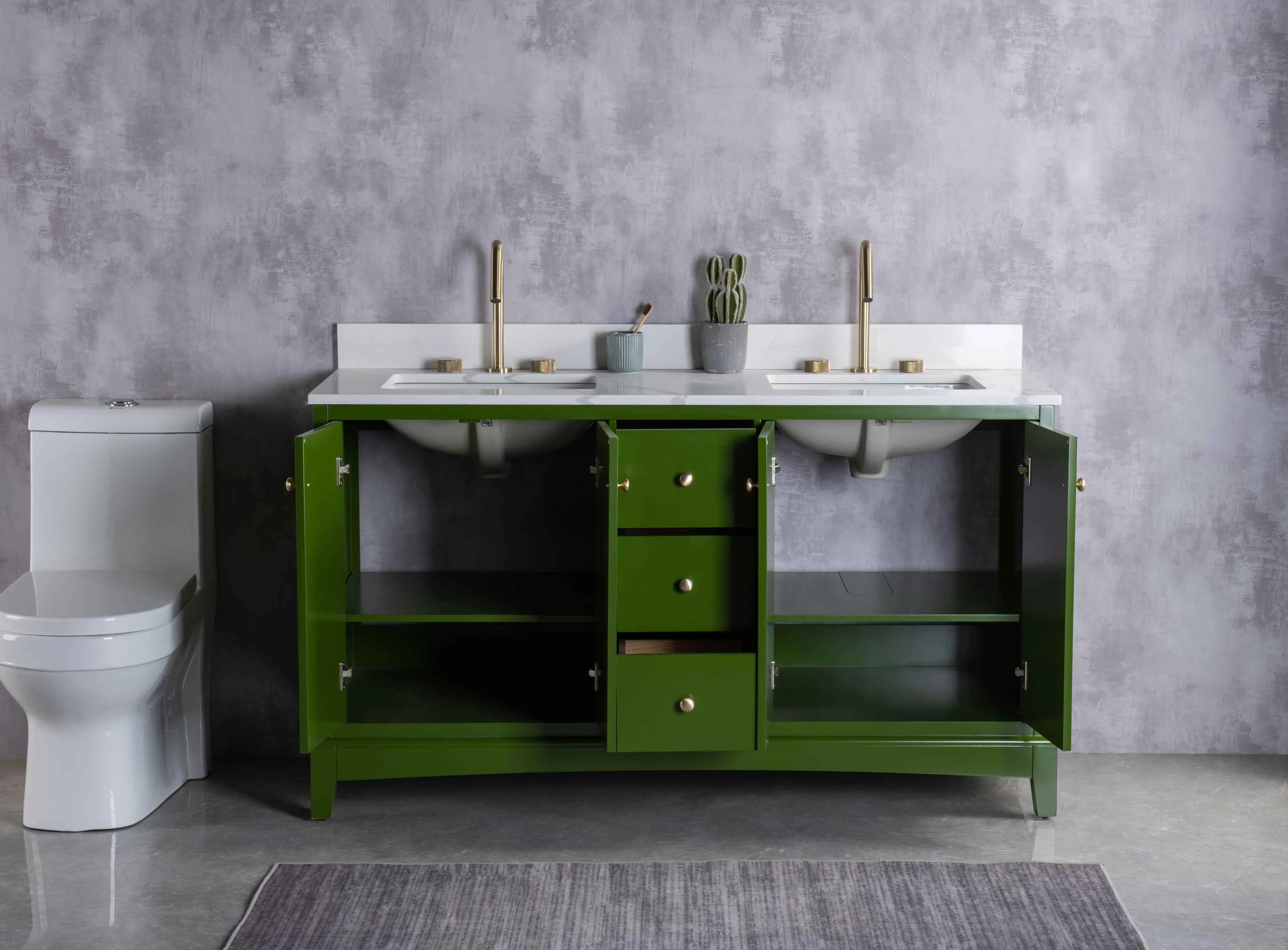 Rubeza 1500mm Pergamum Vanity Unit with Calacatta Quartz Top - Grass Green & Gold