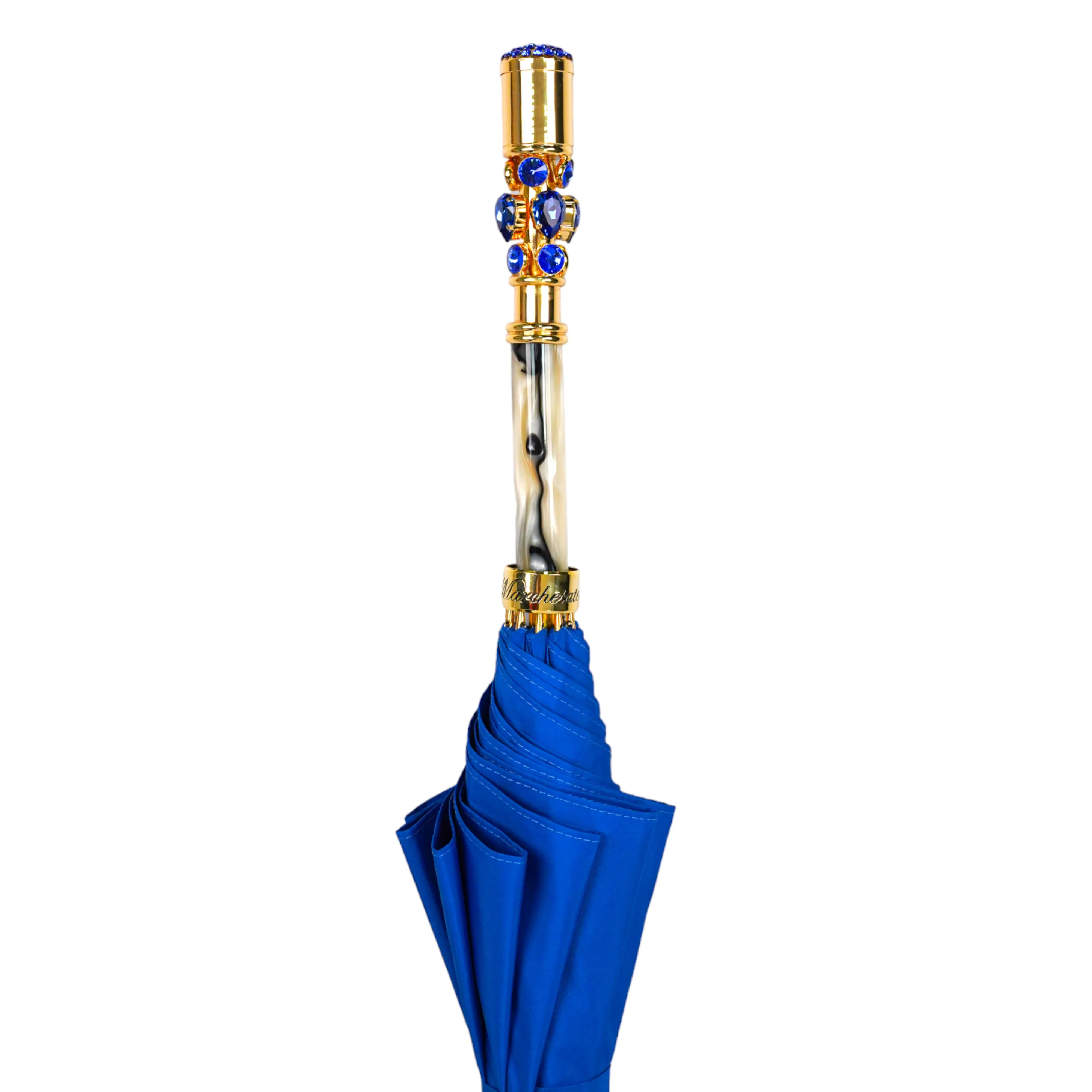 Sapphire Splendor: Handcrafted Electric Blue Umbrella with Crystal Handle