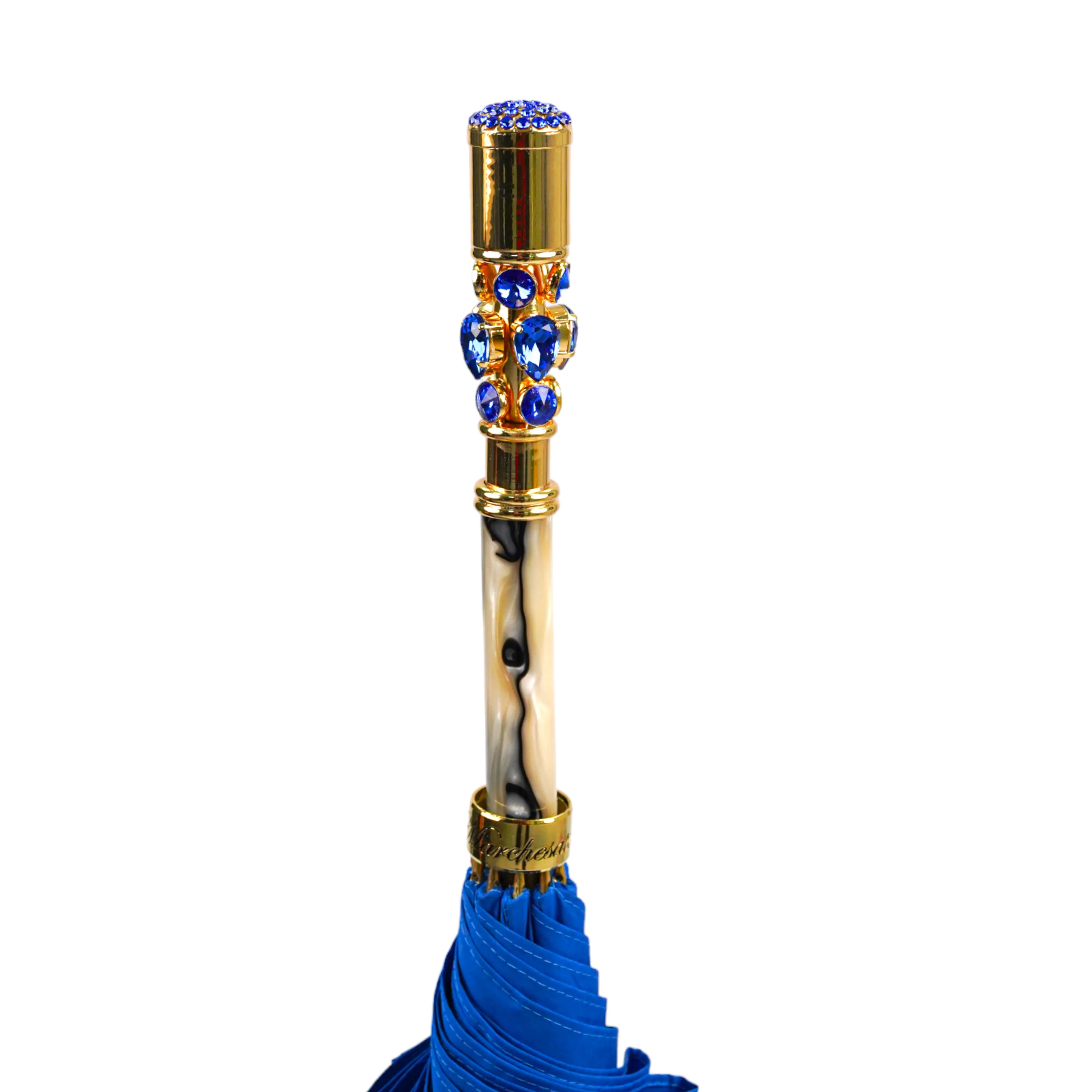 Sapphire Splendor: Handcrafted Electric Blue Umbrella with Crystal Handle