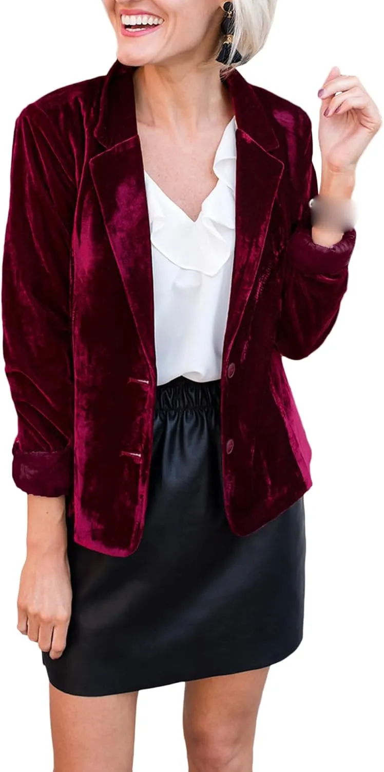 SEMATOMALA Women's Solid Long Sleeve Velvet Blazer Jacket Suit Open Front Cardigan Coat with Pockets Outerwear