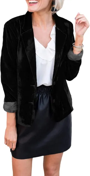 SEMATOMALA Women's Solid Long Sleeve Velvet Blazer Jacket Suit Open Front Cardigan Coat with Pockets Outerwear